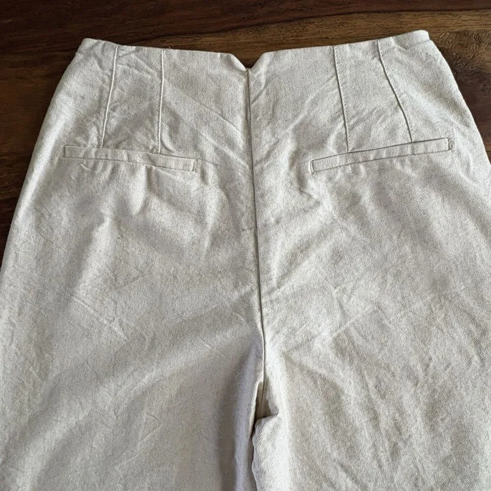 Zara Women Barrrel Leg Pants Cream Cotton Linen Blend Beach Casual Sz XS